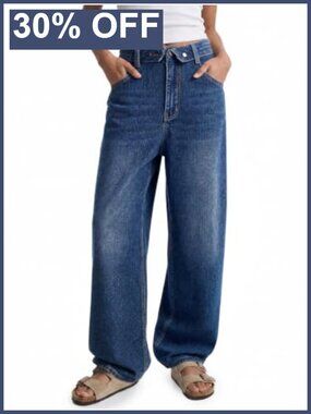 Womens Barrel Jeans Casual Folded Waist Wide Leg Baggy Denim Pants